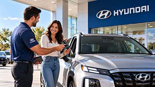 Customer receiving keys for a Hyundai test drive at Hyundai of Anderson
