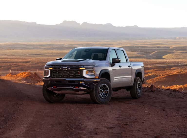 2027 Chevrolet Silverado 1500 ZR2 in White Sands. Exterior drive