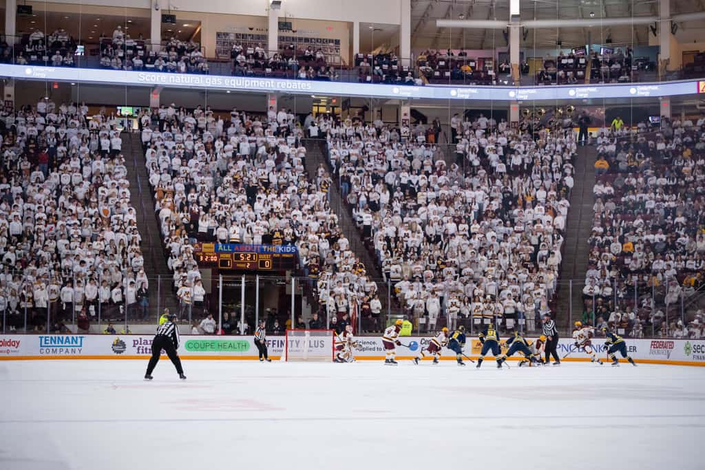 Gopher fans cheering with the Minnesota mascot