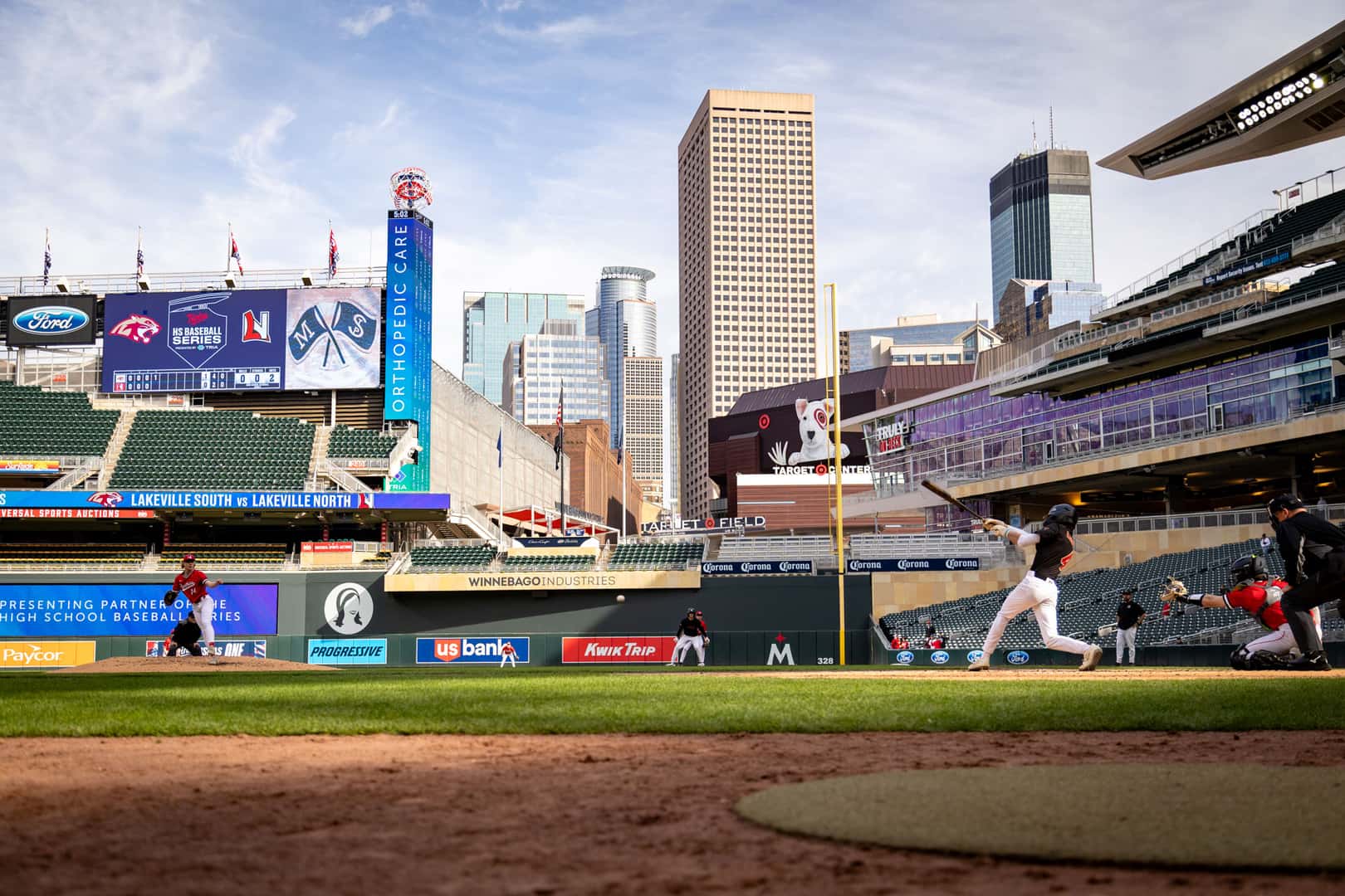 Wide angle view of Target Field during the Lakeville North vs. Lakeville South high school baseball game