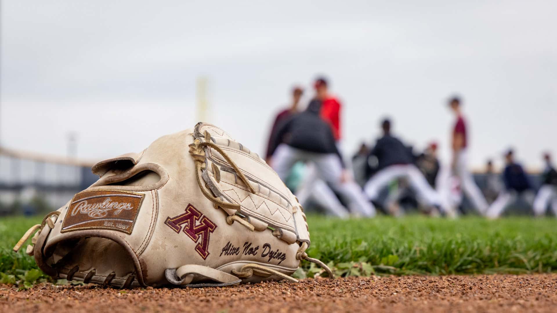 University of Minnesota Gopher Baseball glove resting on the field at Belzer Stadium