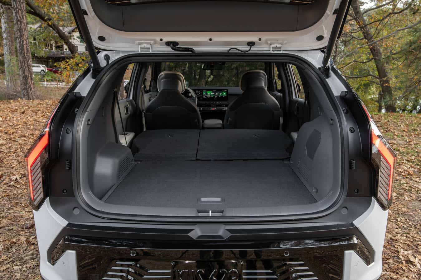 2027 Kia EV3 cargo area with rear hatch open