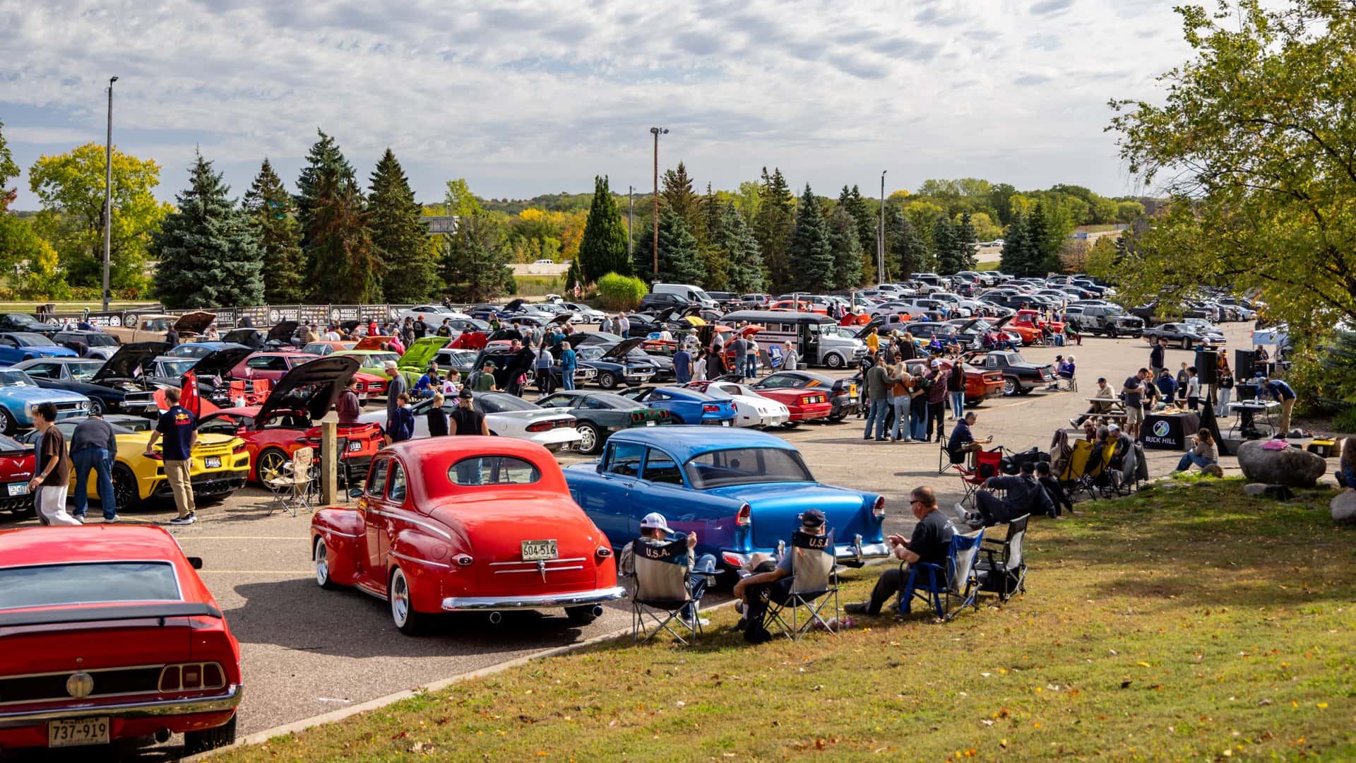 Wide view of the Bucktoberfest car show field at Buck Hill on October 3, 2026