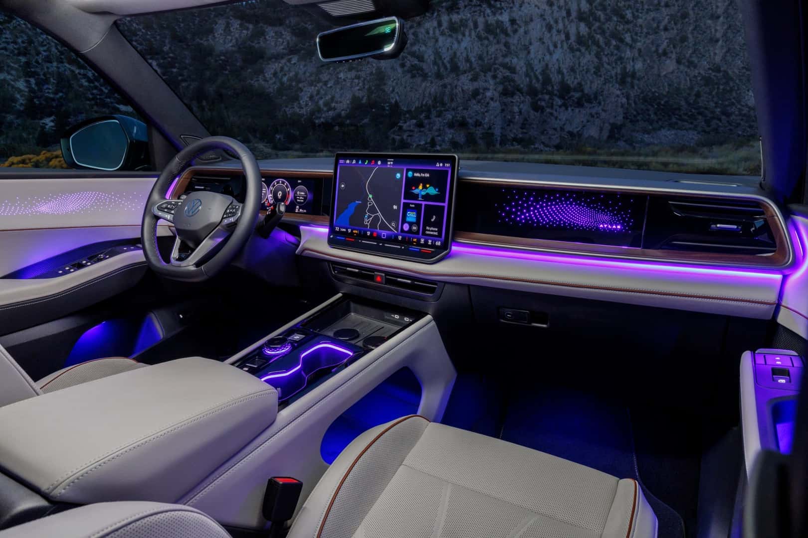 2027 Atlas interior at night with purple ambient lighting