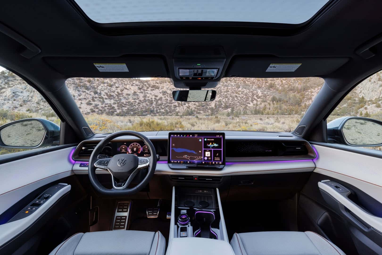 2027 Atlas cockpit with panoramic sunroof and floating touchscreen