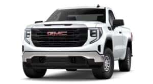 A white 2025 GMC Sierra 1500 is angled left.
