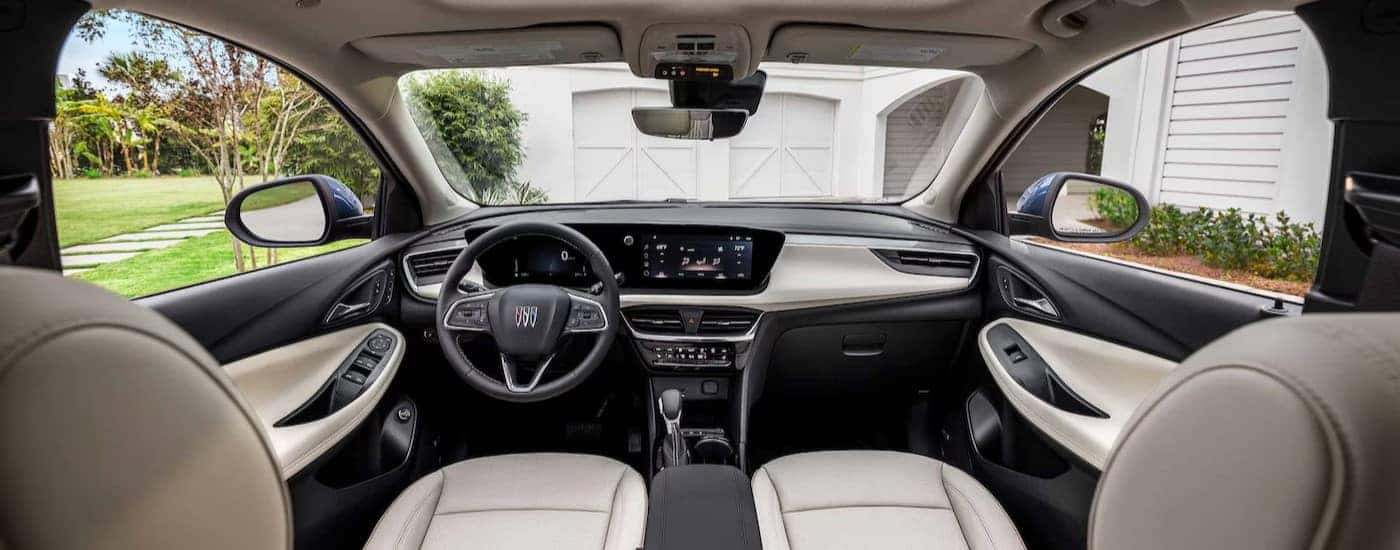 The black and white interior are shown in a 2025 Buick Encore GX.