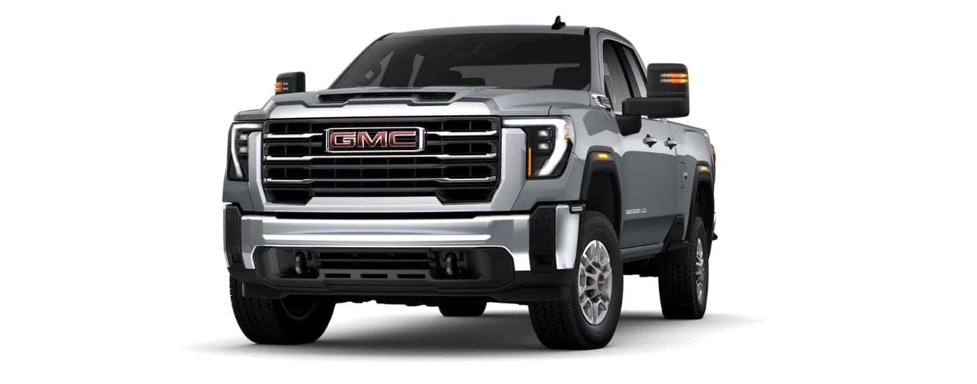 A silver 2025 GMC Sierra 2500 HD SLE angled left.