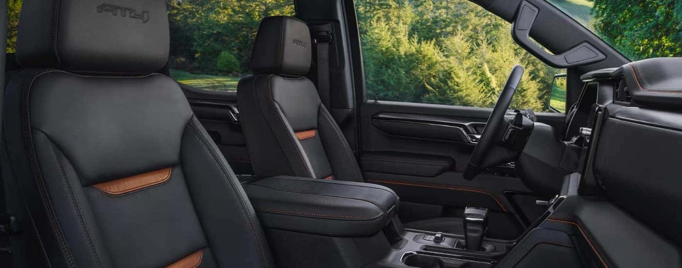 Black leather front seats in a 2026 GMC Sierra 1500 AT4