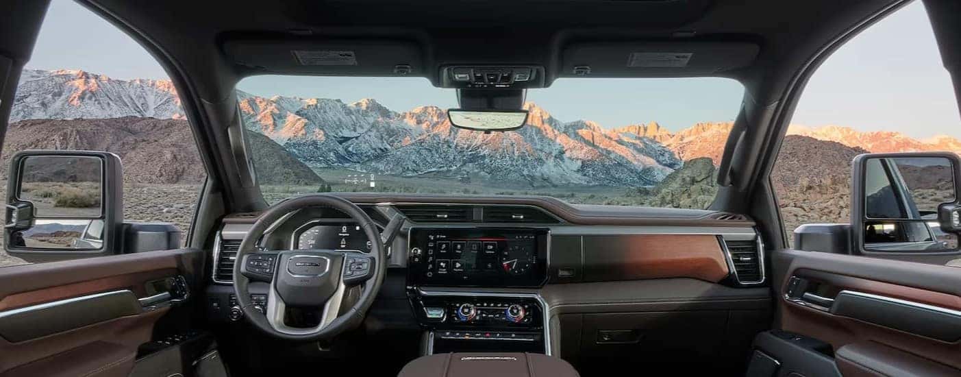 The black and brown dash in a 2026 GMC Sierra 3500 Denali.