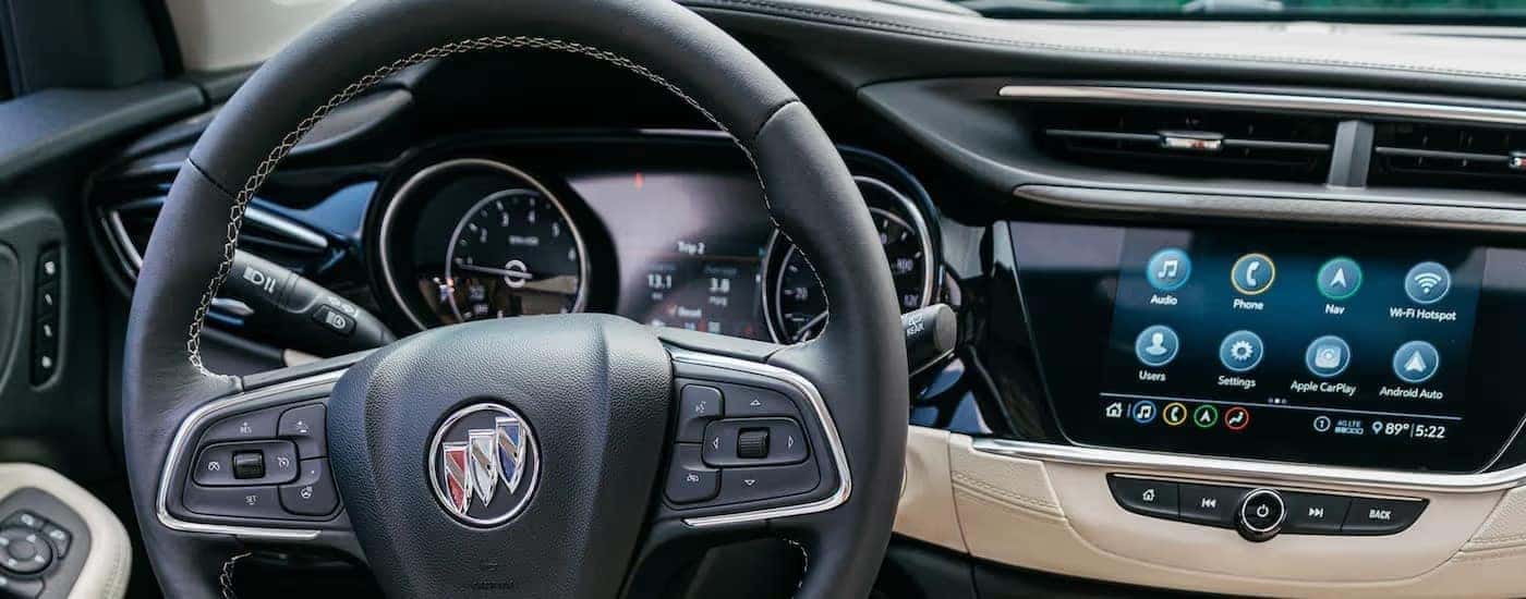 A close up shows the infotainment screen in a 2023 Buick Encore GX.