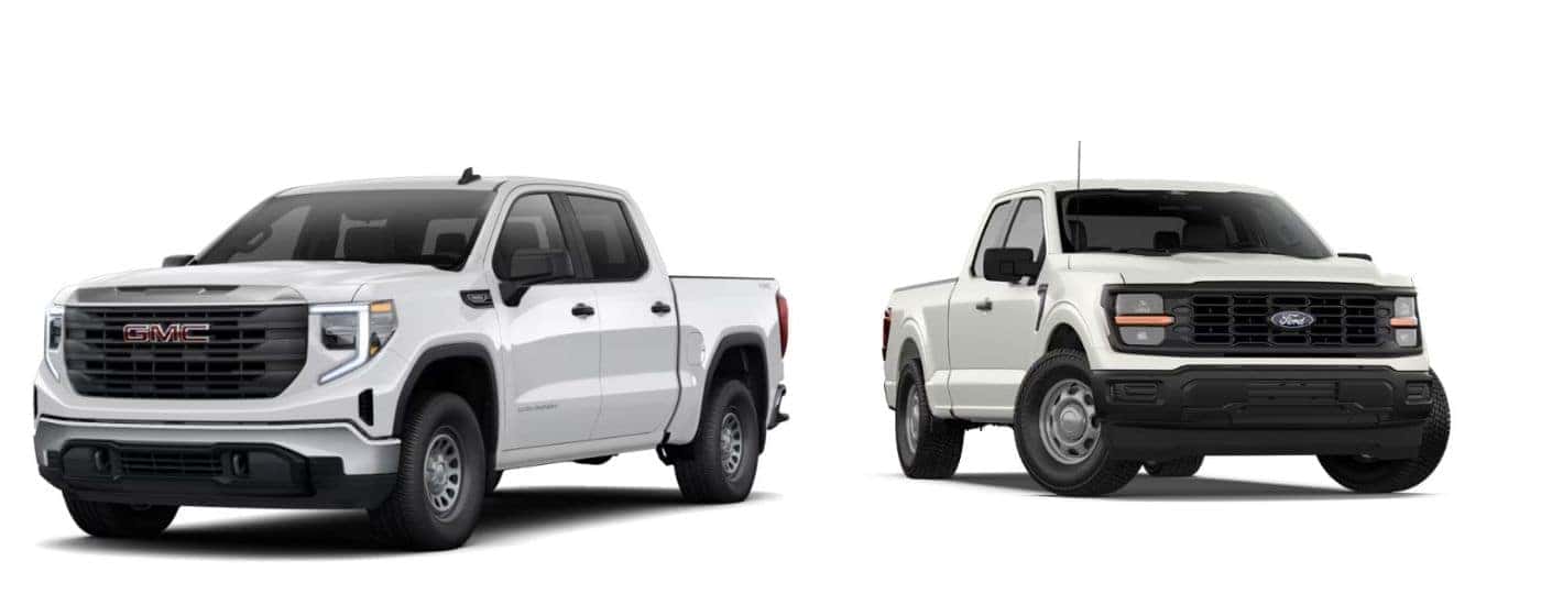 A white 2026 GMC Sierra 1500 vs a white 2026 Ford F-150.