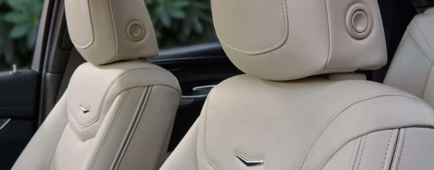 A close up shows the leather seats in a 2023 Cadillac XT5.