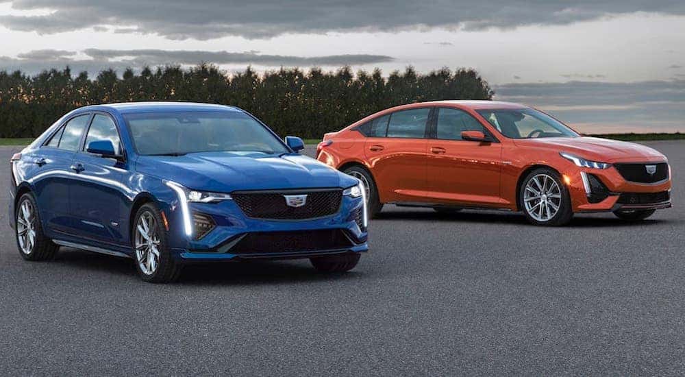 A blue 2023 Cadillac CT4-V and an orange 2023 Cadillac CT5-V are shown from the front.