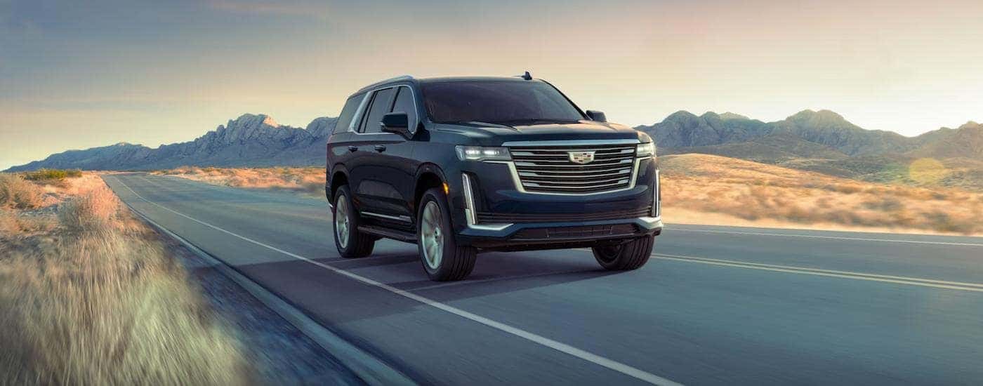 A black 2023 Cadillac Escalade is shown driving on an open highway.