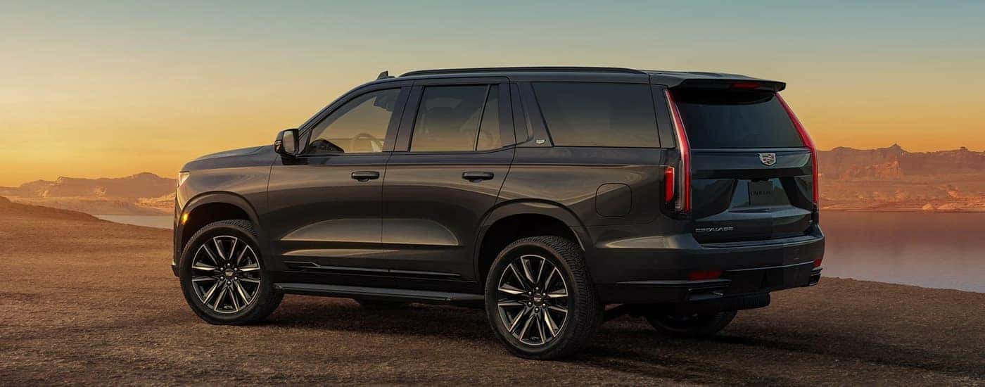 A black 2023 Cadillac Escalade is shown from the side overlooking a desert view.