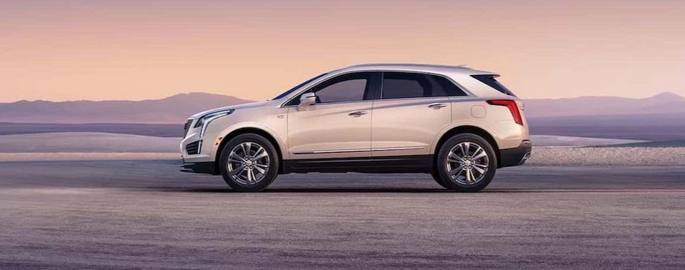A white 2024 Cadillac XT5 is shown parked off-road on sand.