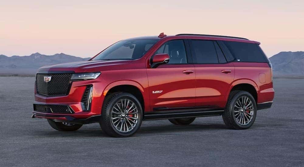 A popular Cadillac Escalade for sale, a red 2024 Cadillac Escalade ESV, is shown parked off-road.