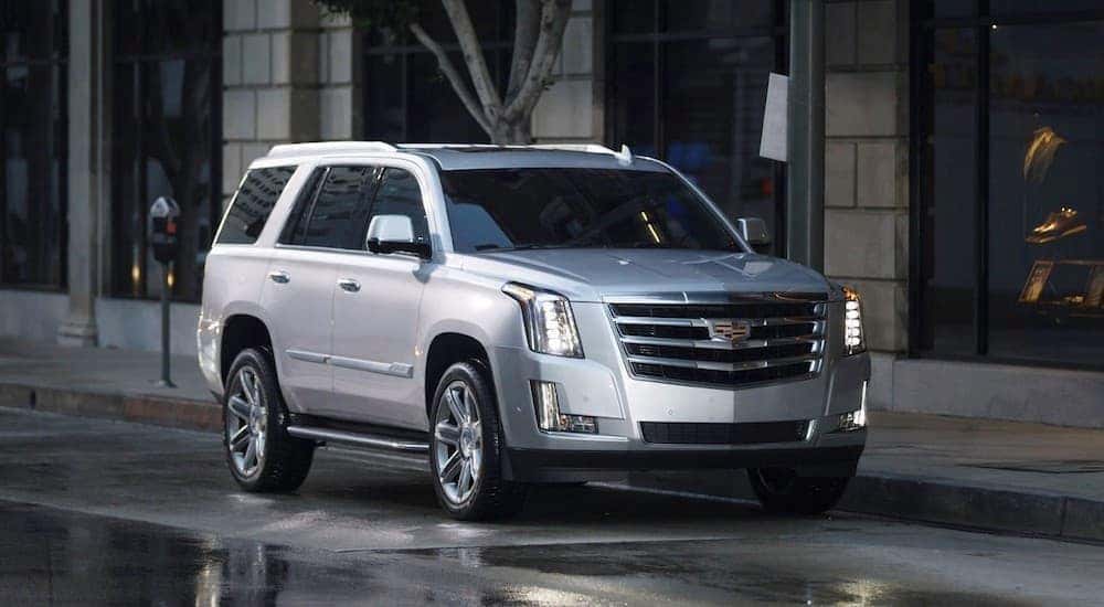 A silver 2018 Cadillac Escalade parked on a city street.