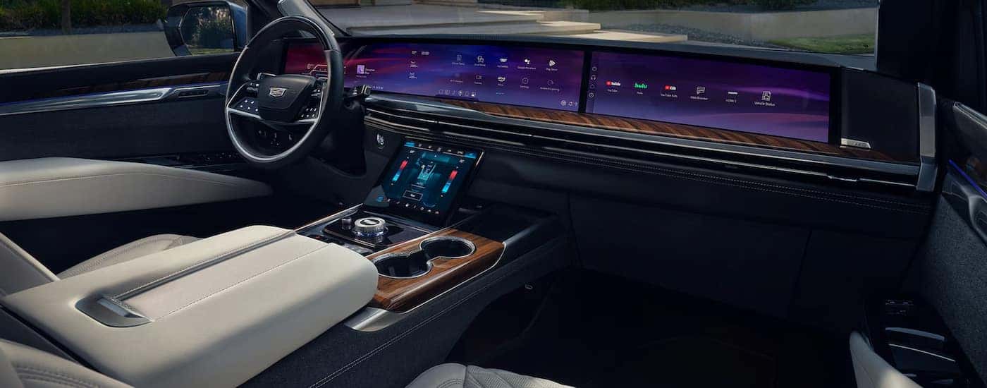 The panoramic infotainment screens in a 2025 Cadillac Escalade.