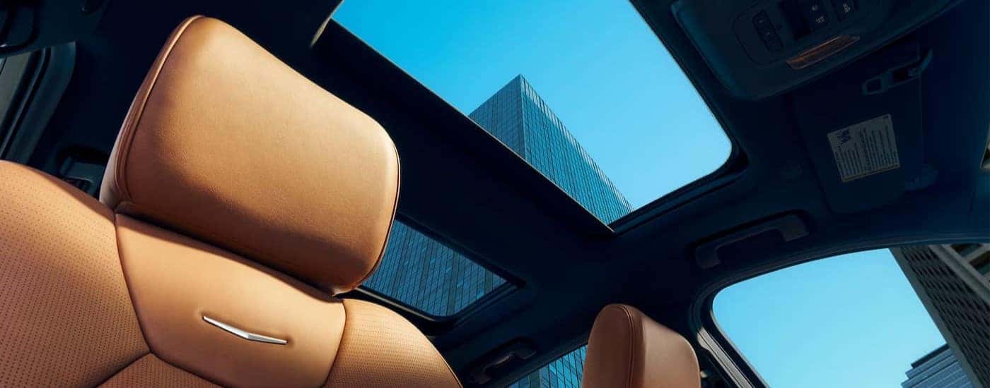 A close-up of the headrest and sunroof are shown in a 2025 Cadillac CT5.