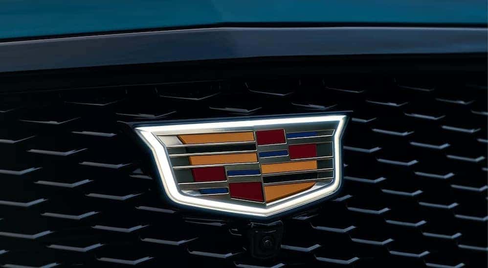 Close-up of the grille badge on a 2025 Cadillac Escalade.