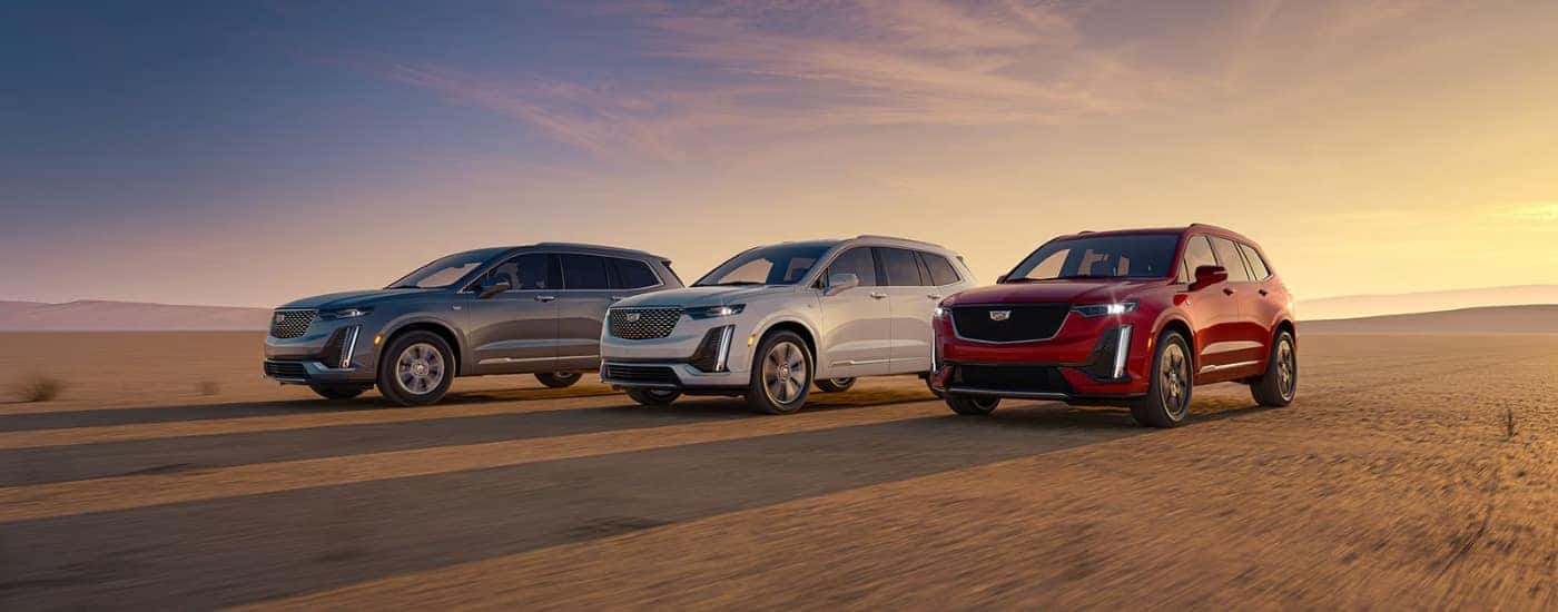 A grey, a white, and a red 2025 Cadillac XT6 on a cloudy day.