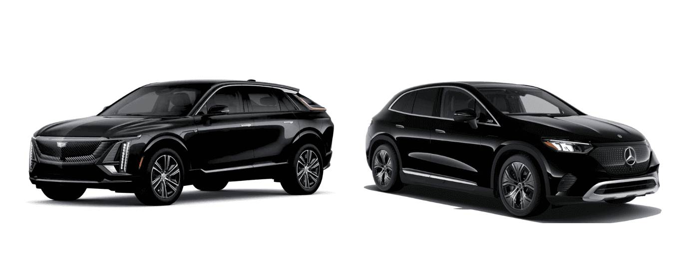 a black 2025 Cadillac LYRIQ vs 2025 Mercedes-Benz EQE SUV