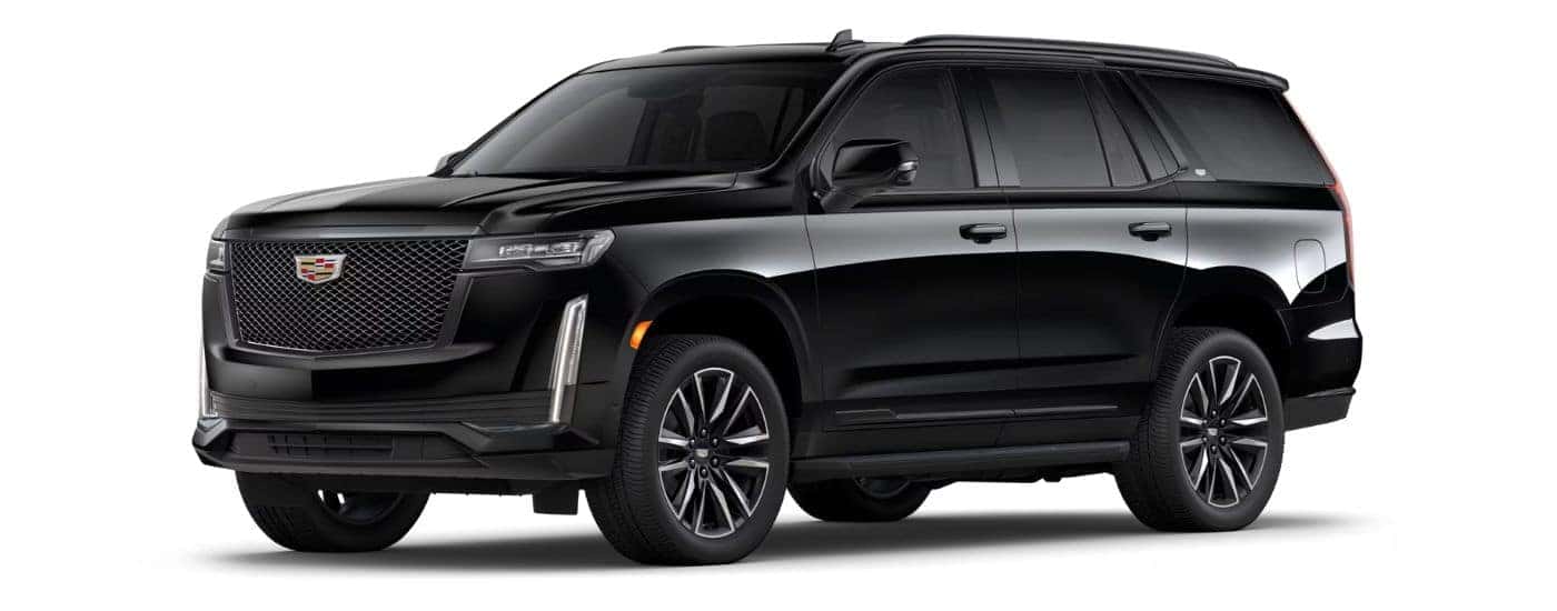 A black 2023 Cadillac Escalade Sport angled left.