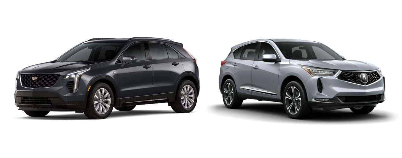 A black 2023 Cadillac XT4 angled left and a silver 2023 Acura RDX angled right.