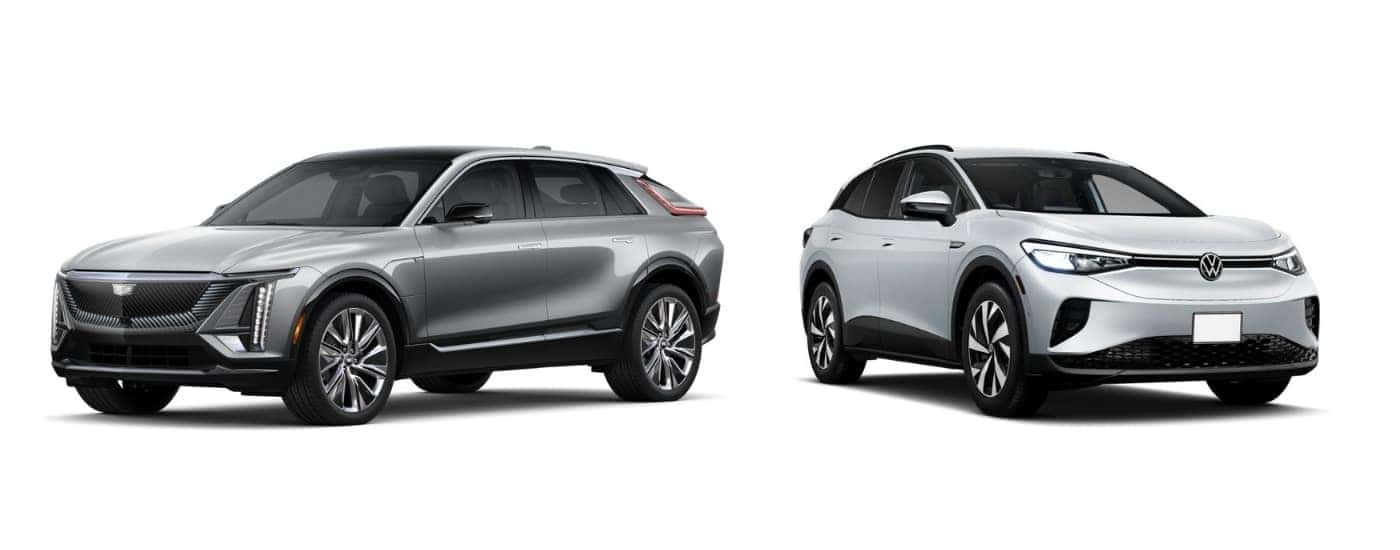 A silver 2024 Cadillac LYRIQ angled left and a white 2024 VW ID.4 angled right.