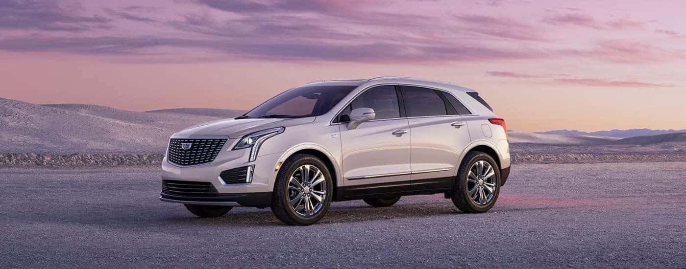 A white 2024 Cadillac XT5 is parked off-road.