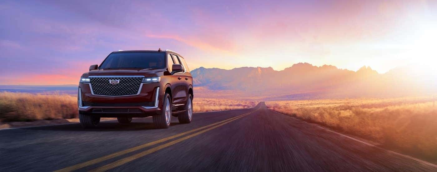 A red 2024 Cadillac Escalade is shown from the front at an angle.