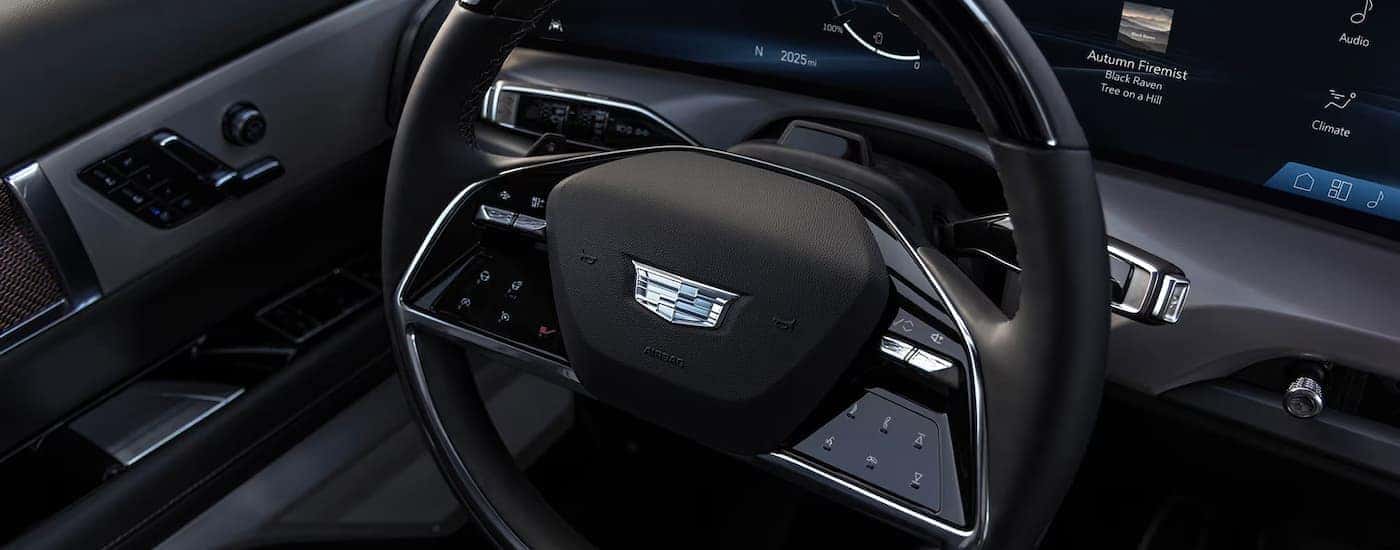 Close-up of the steering wheel in a 2025 Cadillac VISTIQ for sale