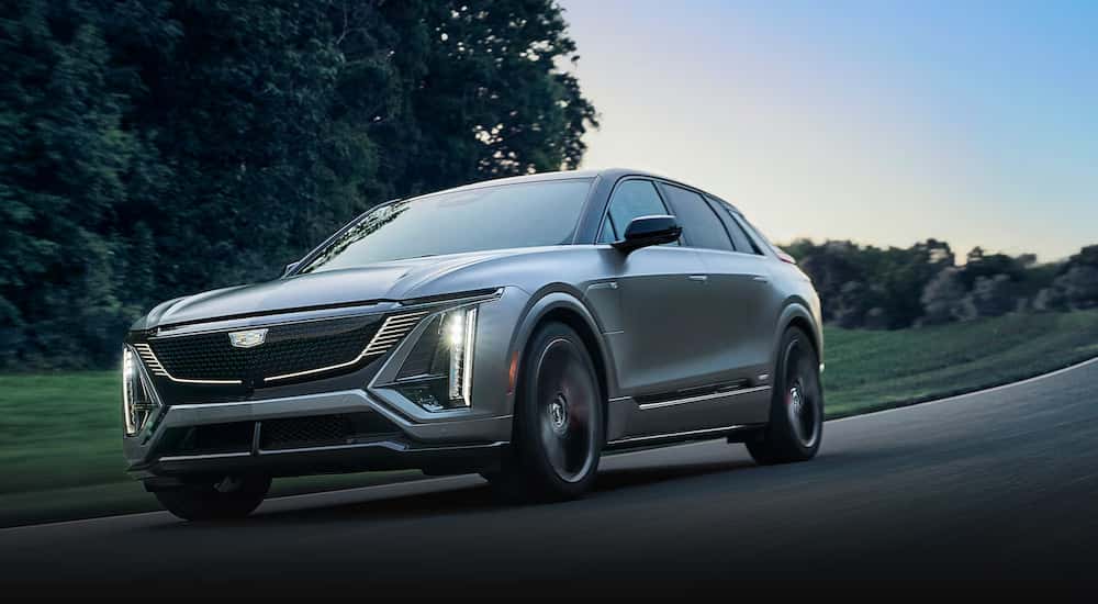 Silver 2026 Cadillac LYRIQ-V from the front at a low angle for sale near Milton.