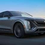 Silver 2026 Cadillac LYRIQ-V from the side at an angle.