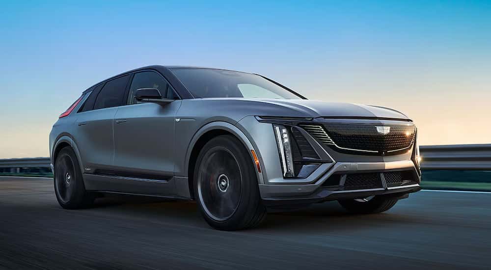 Silver 2026 Cadillac LYRIQ-V from the side at an angle.