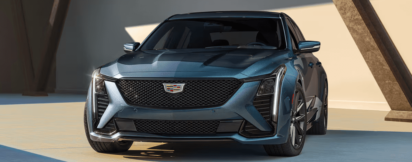 Blue 2026 Cadillac CT5 parked head on
