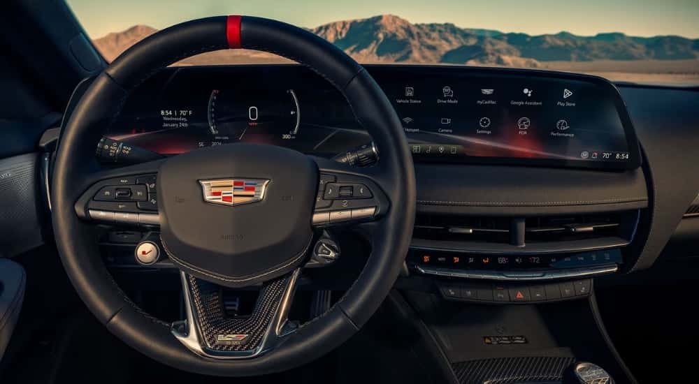 Interior and steering wheel in a 2026 Cadillac CT5-V