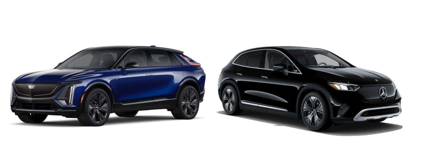 Blue 2026 Cadillac LYRIQ and black 2026 Mercedes-Benz EQE SUV
