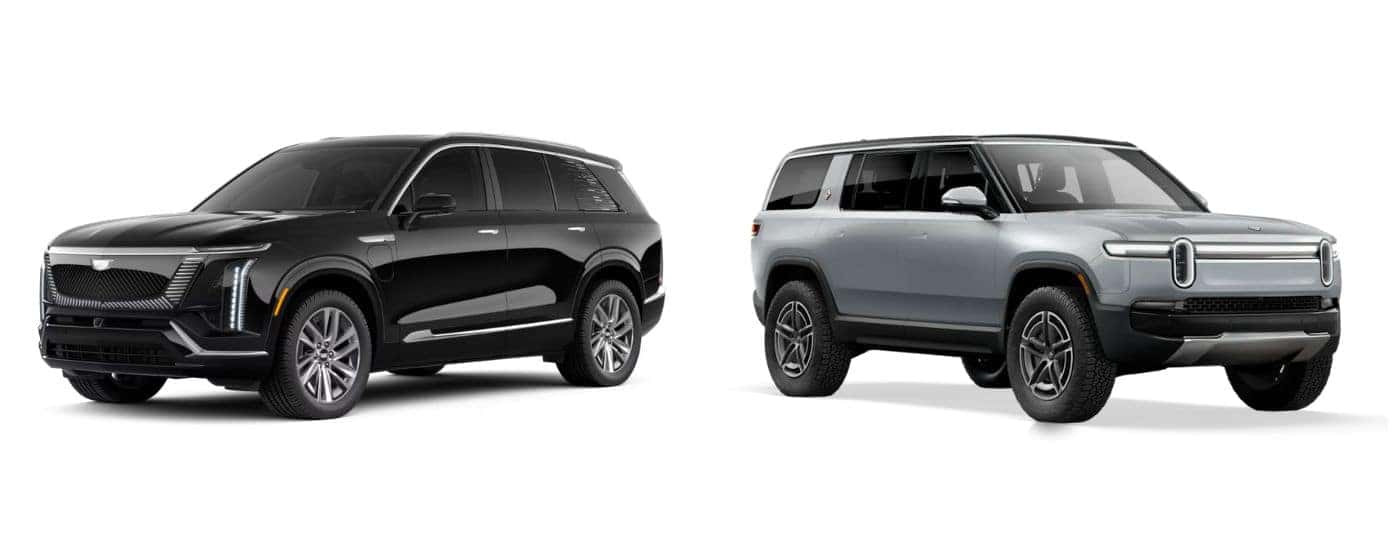 Black 2026 Cadillac VISTIQ and grey 2026 Rivian R1S