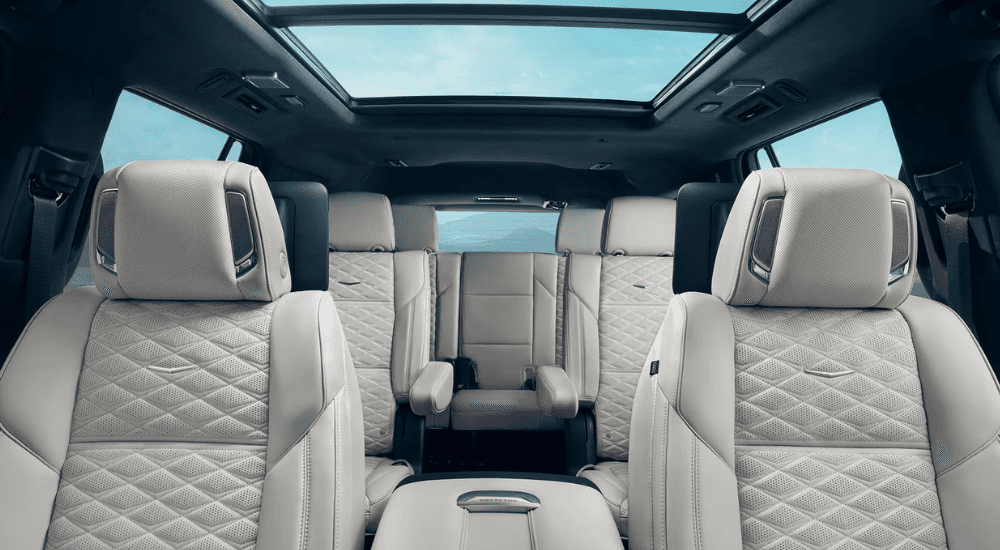 White quilted leather interior of a 2026 Cadillac Escalade