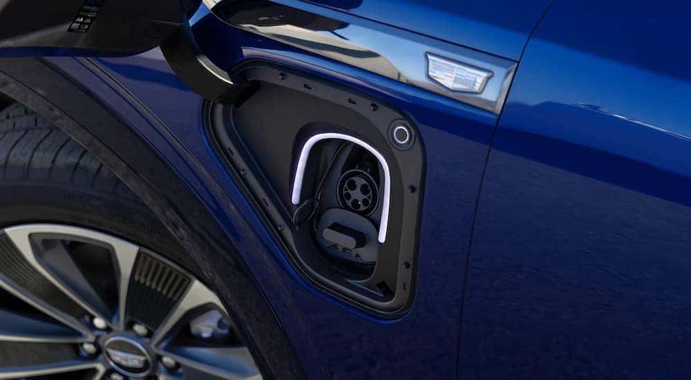 Charging port on a blue 2026 Cadillac VISTIQ