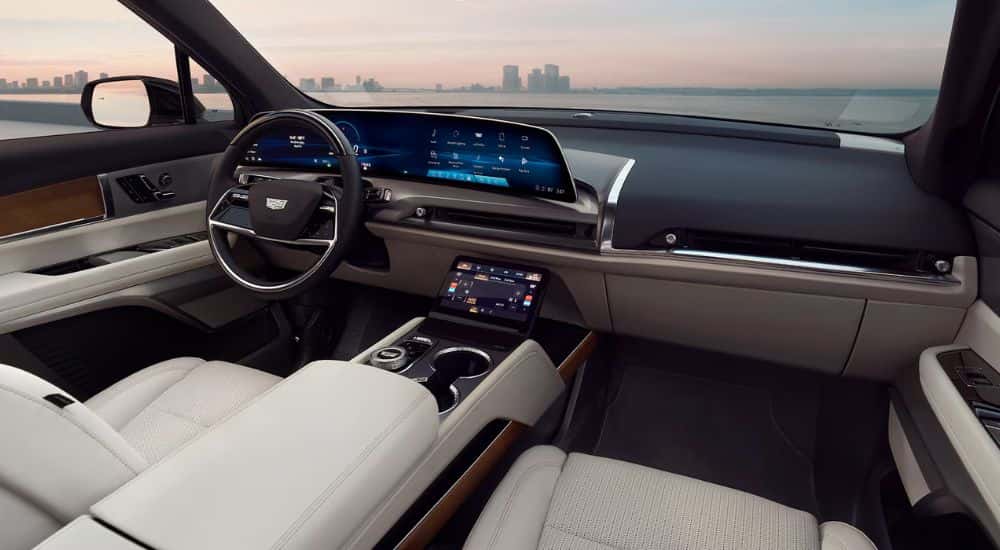 2026 Cadillac VISTIQ White leather interior and front dashboard
