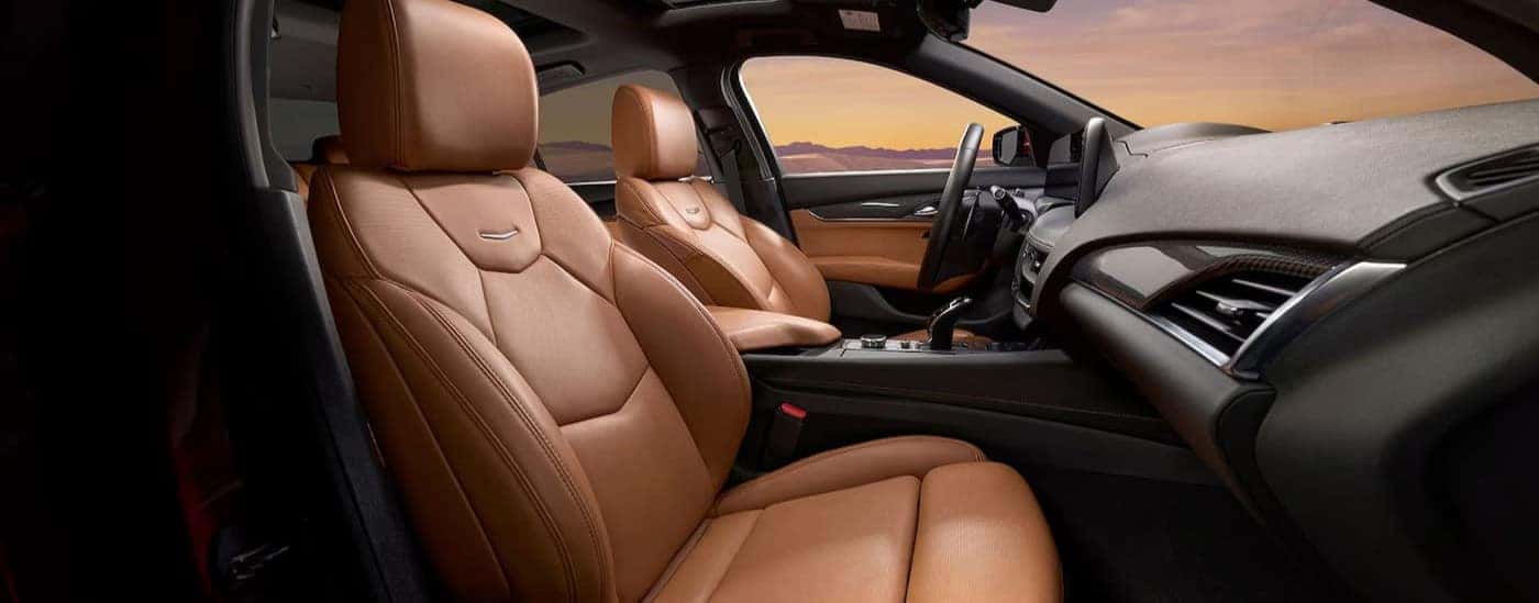 The black and tan interior and dash in a 2026 Cadillac CT5.