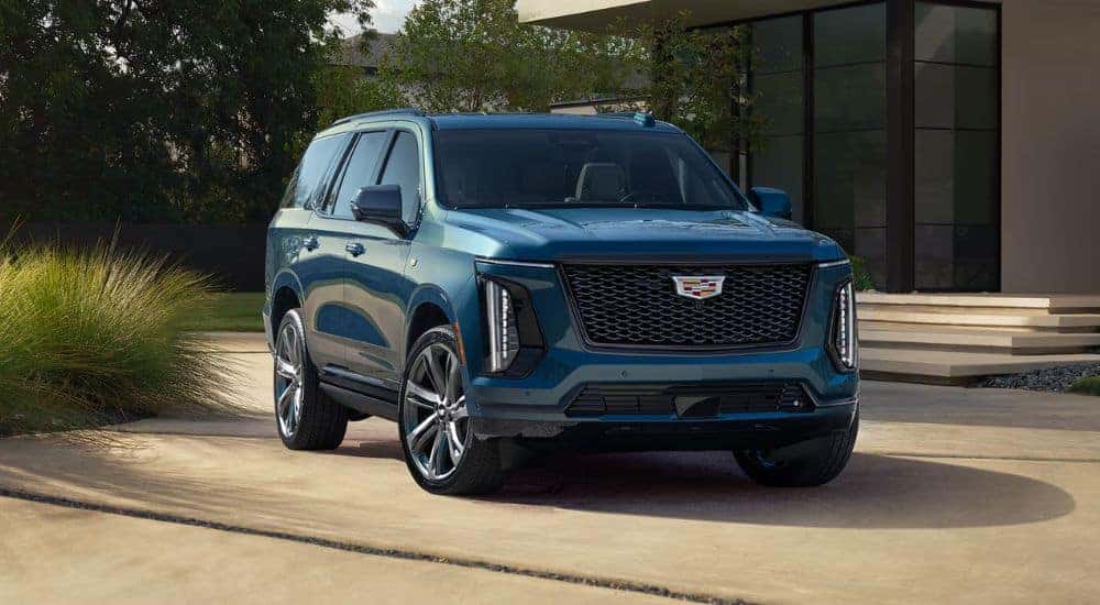 Front view of a blue 2026 Cadillac Escalade parked in a driveway.