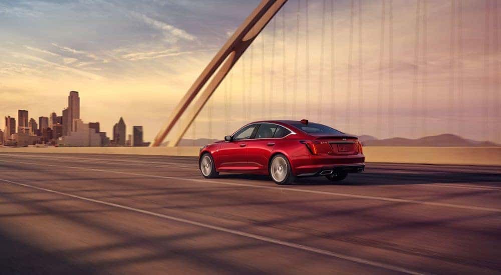 Red 2026 Cadillac CT5 shown driving across a bridge.