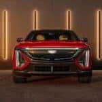 Front of a red 2026 Cadillac LYRIQ parked in a building.