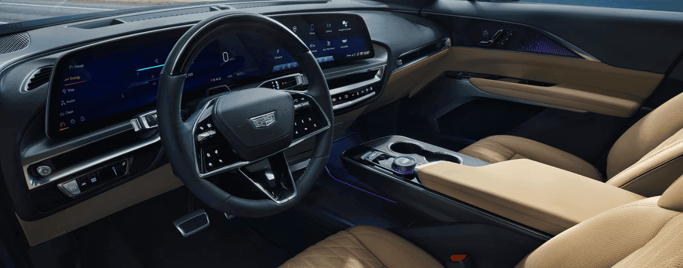 Beige and black interior of a 2026 Cadillac Lyriq