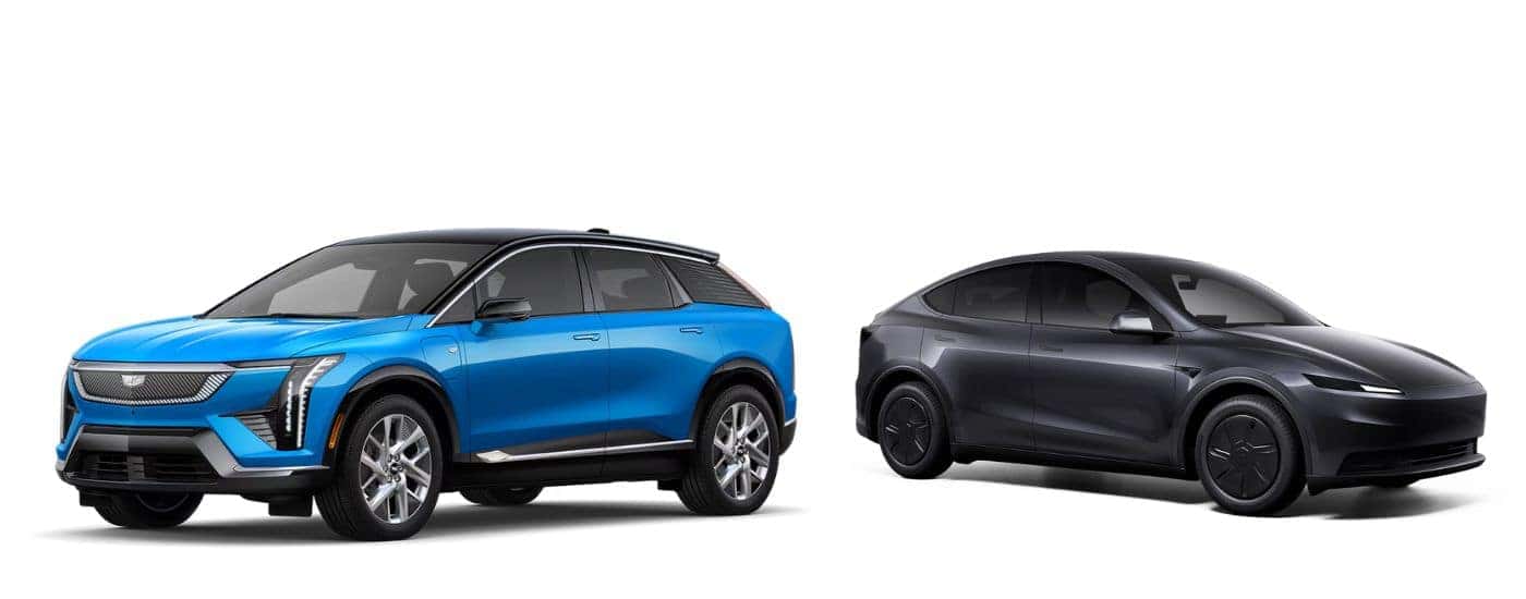 A blue 2026 Cadillac OPTIQ vs a black 2026 Tesla Model Y